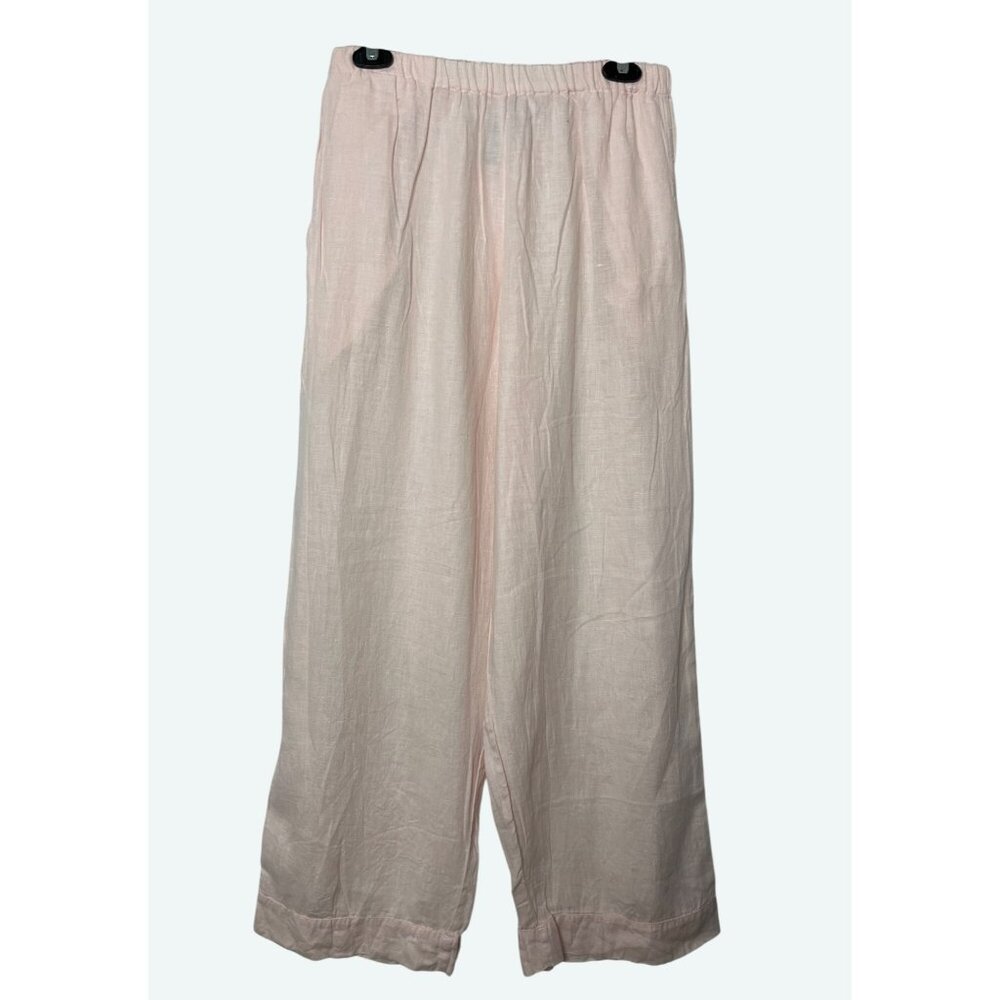 FLAX Wide Leg Elastic Waist Pull On Pant 100% Linen Lightweight Pink Pockets Med